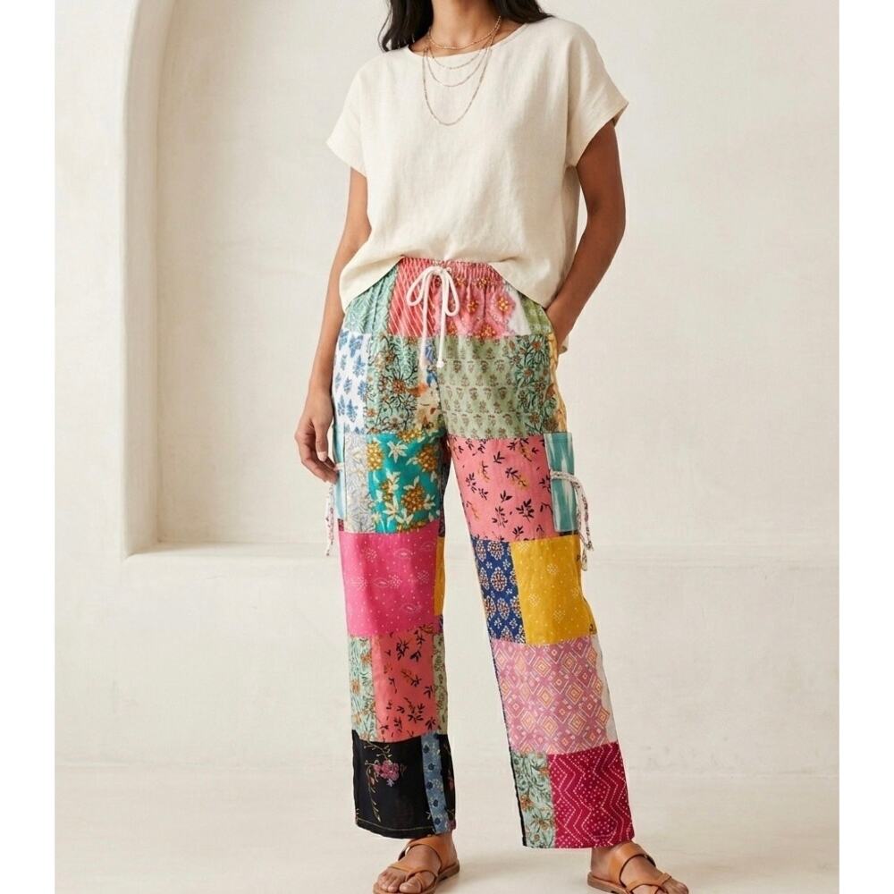 Ashley Taylor 100% Cotton Colorful Patchwork Printed Wide Leg Pants One Size